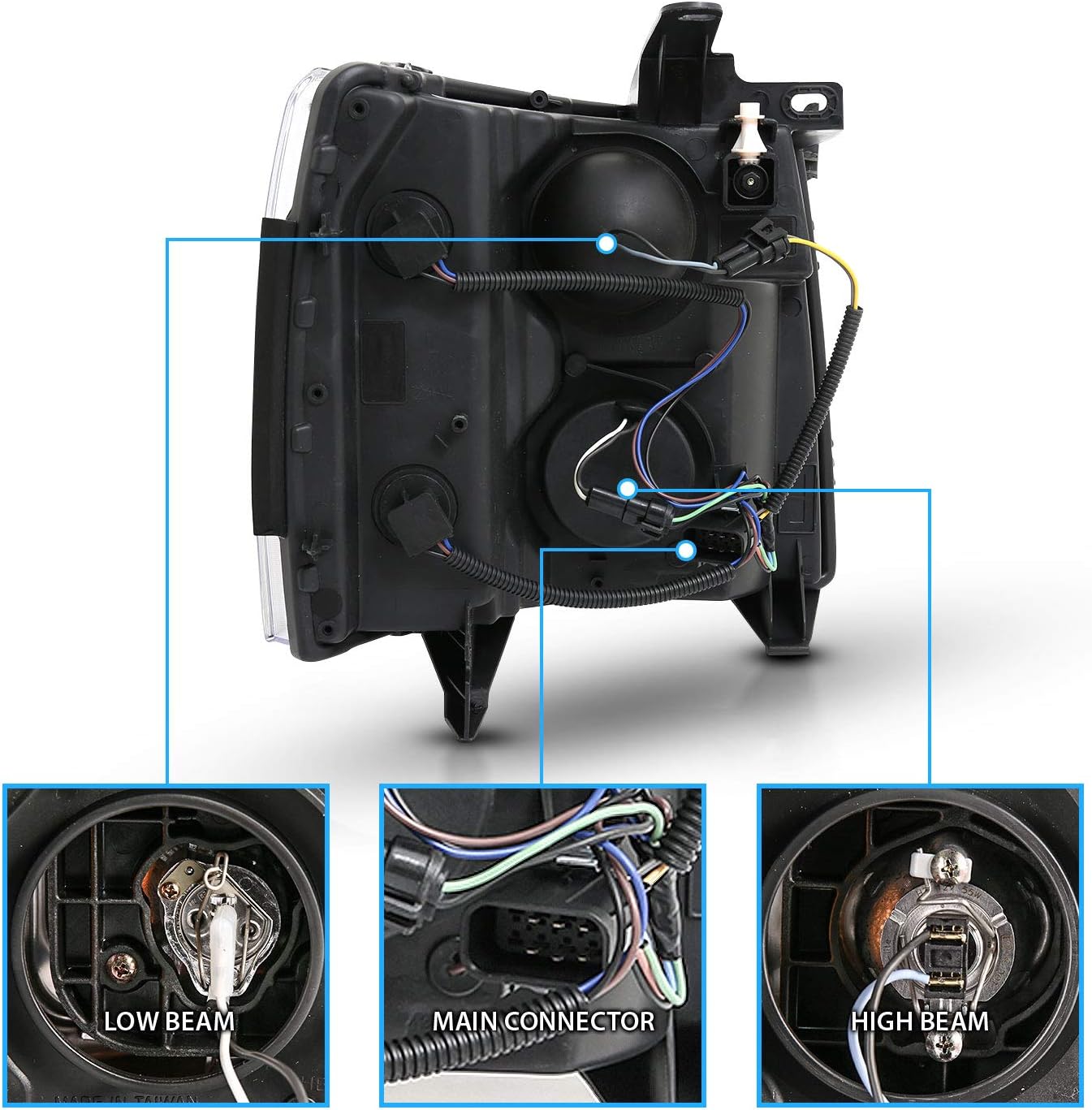 AmeriLite For 2007-2013 Chevy Silverado 1500/07-14 Silverado 2500HD 3500HD LED Tube Chrome Square Projector Headlights Set - Passenger and Driver Side