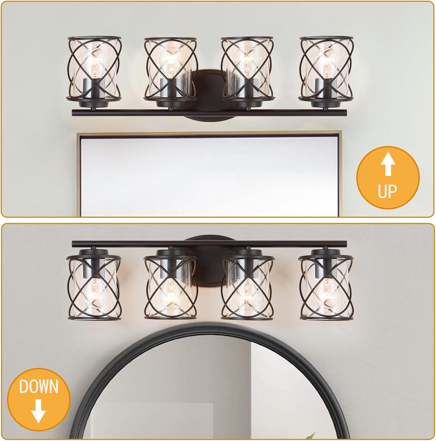 mavcadonf 4-Lights Bathroom Vanity Lights, Bathroom Light Fixtures Over Mirror, Matte Black Vanity Light, Farmhouse Wall Lights with Clear Glass Shade, Bathroom Wall Lamp for Mirror Kitchen Bedroom