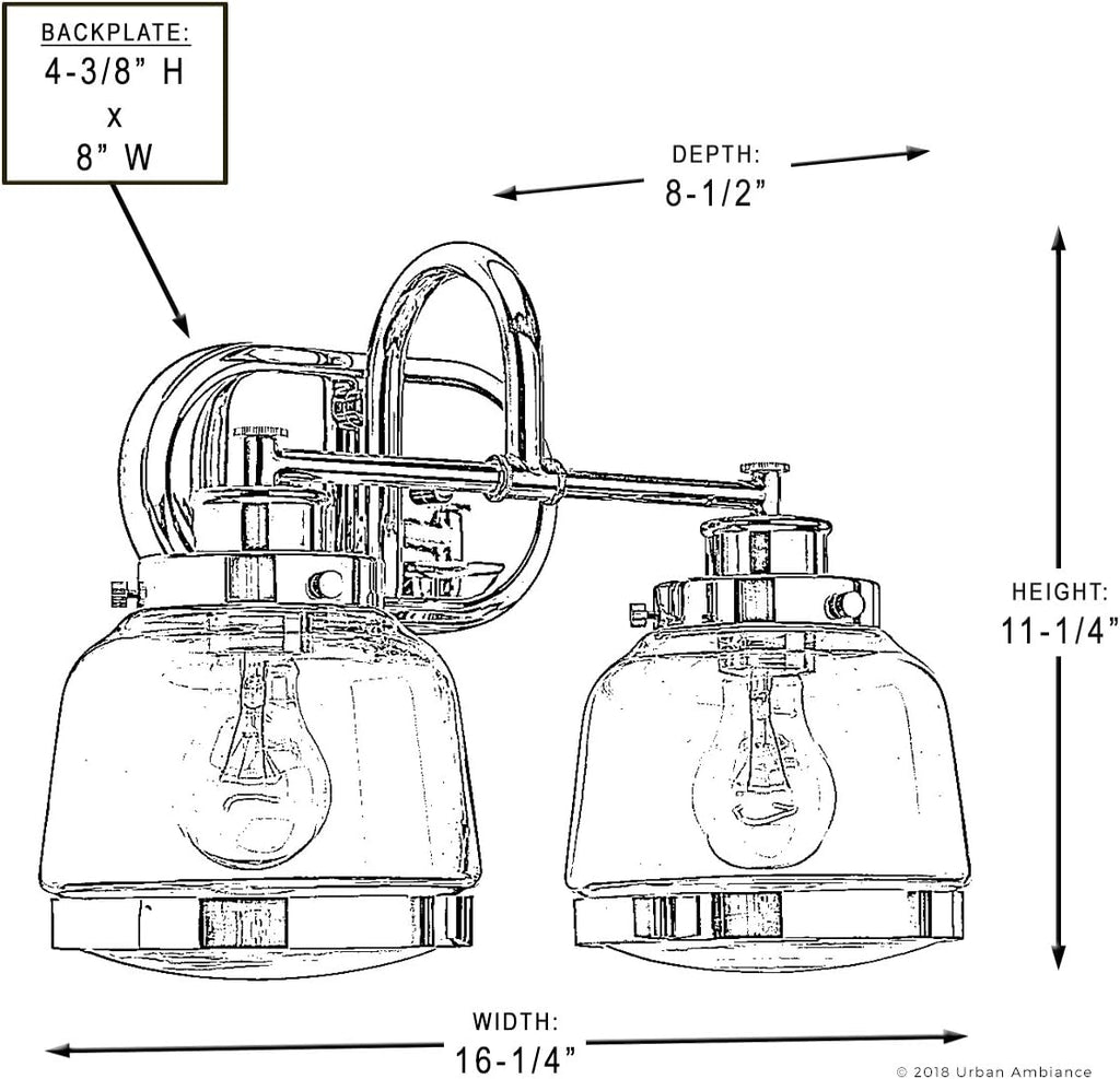 Urban Ambiance Luxury Industrial Chic Bathroom Vanity Light, Medium Size: 11.25' H x 16.25' W, with Art Deco Style Elements, Polished Nickel Finish, UHP2536, Nottingham Collection