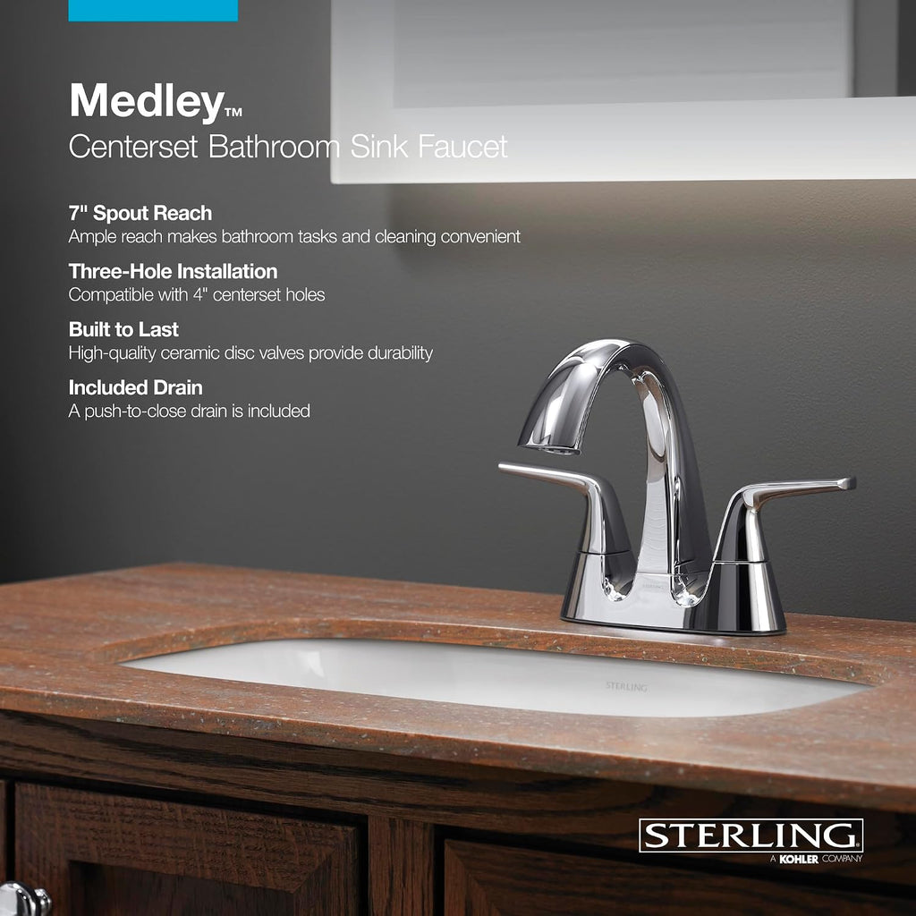 Sterling 27376-4-BL Medley Centerset Bathroom Sink Faucet, 1.2 GPM, 90 Degree Rotation, Clicker Drain with Tailpiece, Premium Durable Metal, Corrosion Resistant, Matte Black