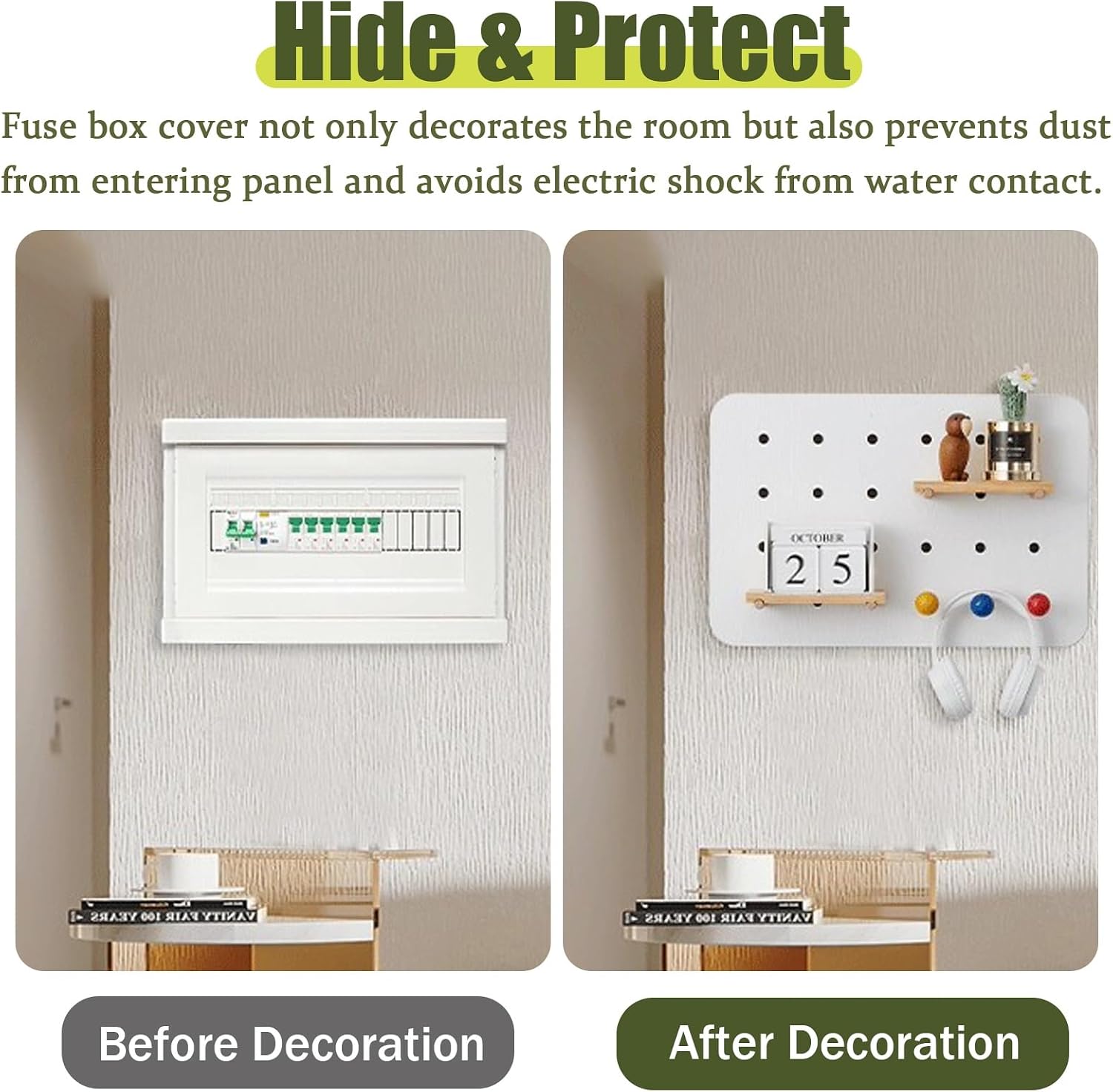 Electrical Panel Cover Indoor Circuit Breaker Box Cover Decorative, 22×15 in Flip-up Electrical Panel Cover Wooden, Pegboard Design Fuse Box Protective Lid(Natural)