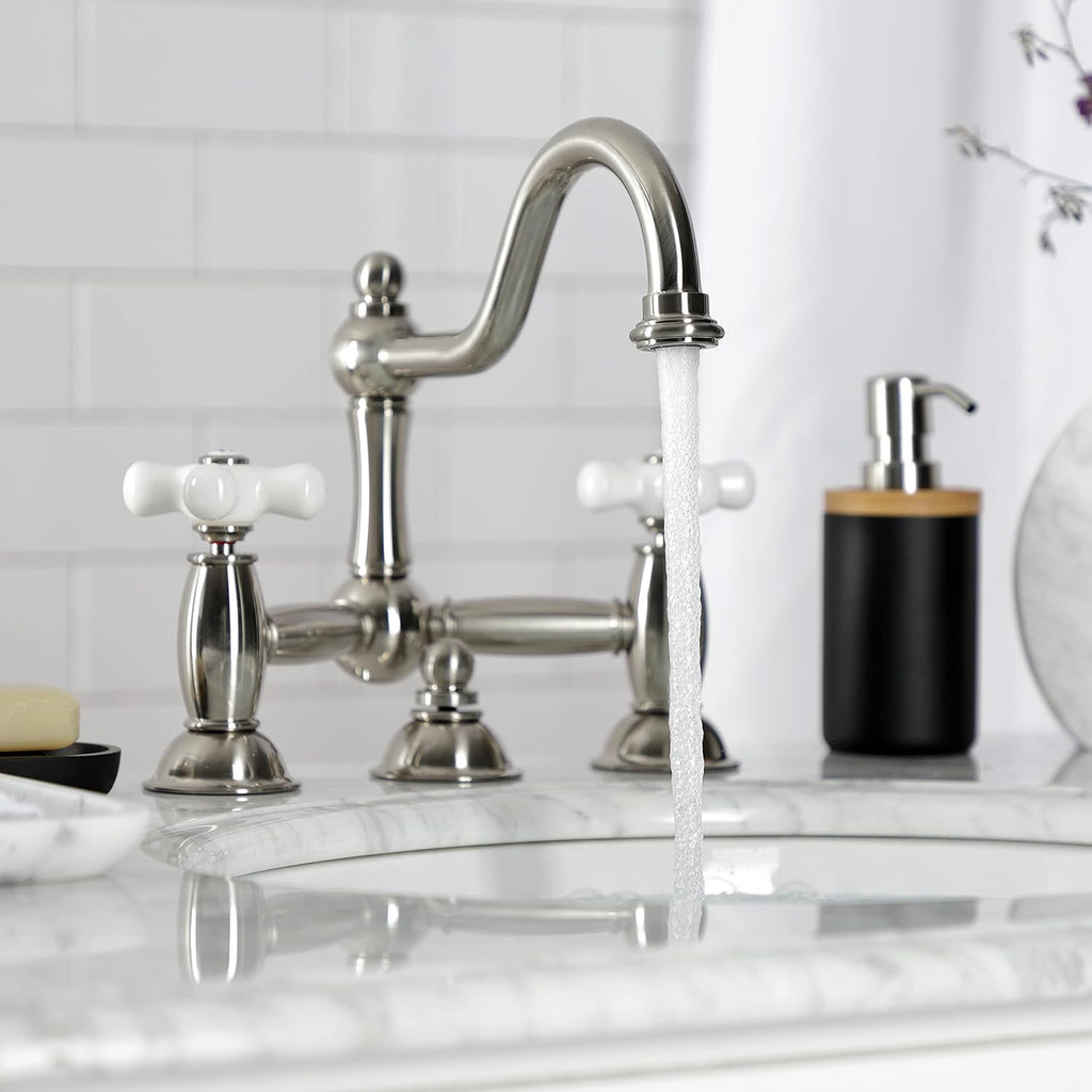 Kingston Brass KS3918PX Restoration Bathroom Bridge Faucet, Brushed Nickel