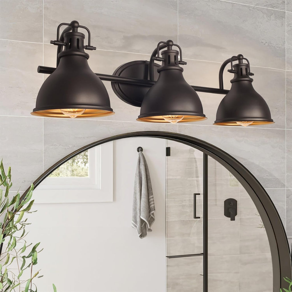 Kira Home Beacon 27' 3-Light Industrial Bathroom Vanity Light with Brass Interior Shades, Modern Farmhouse Wall Sconce, Oil Rubbed Bronze Finish