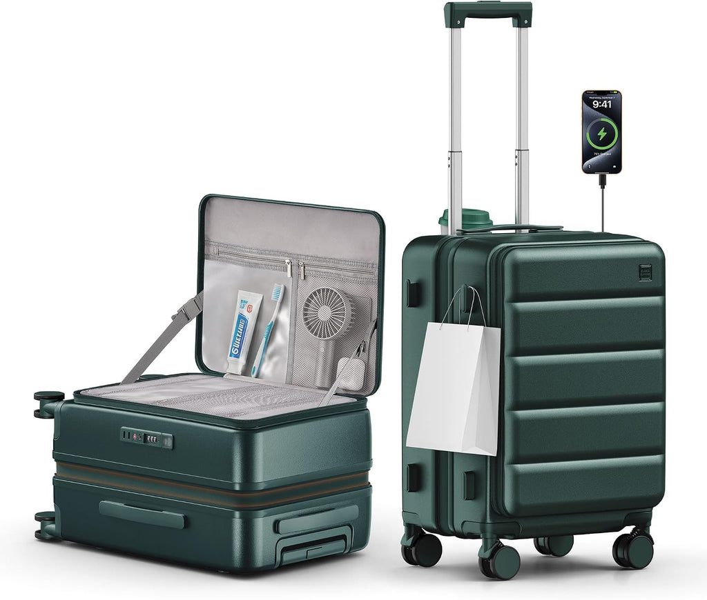 Expandable 20Inch Carry On Luggage Airline Approved - Top Opening Hardside Travel Suitcase Unbreakable -with Cup Holder,USB Charge,Side Pothook, 360°Spinner Wheels, TSA Lock-Green