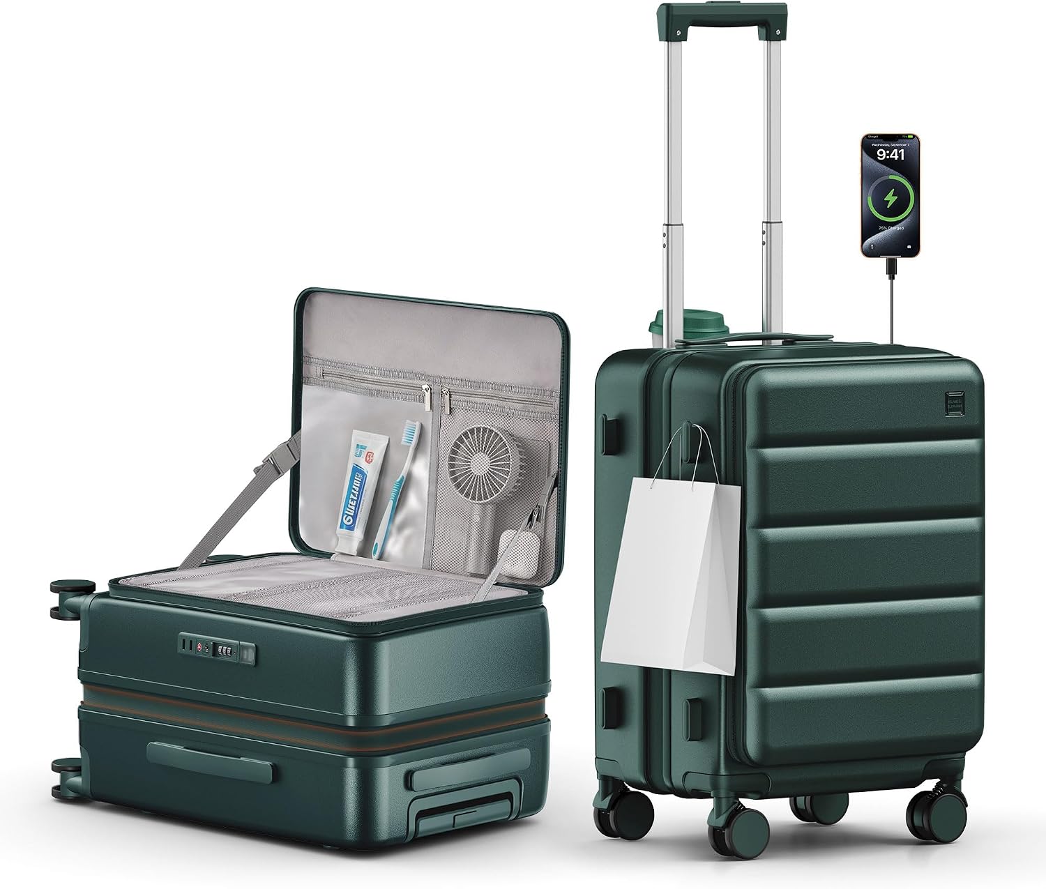 Expandable 20Inch Carry On Luggage Airline Approved - Top Opening Hardside Travel Suitcase Unbreakable -with Cup Holder,USB Charge,Side Pothook, 360°Spinner Wheels, TSA Lock-Green