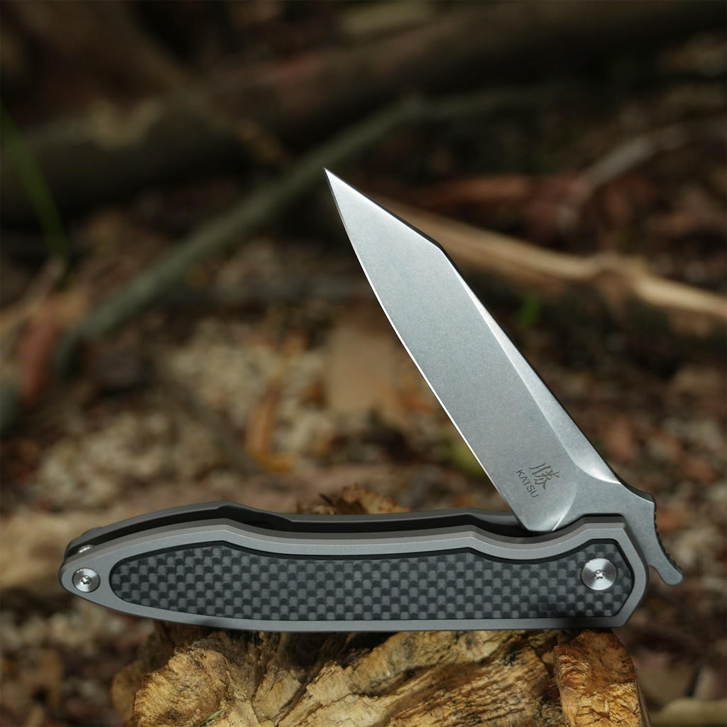 KATSU S35VN Folding Knife with Clip,Carbon Fiber Handle Pocket Knife Cleaver Razor Blade Frame Lock,Japanese Style Clip Point Blade Stonewashed Titanium Knives with Leather Sheath Camping