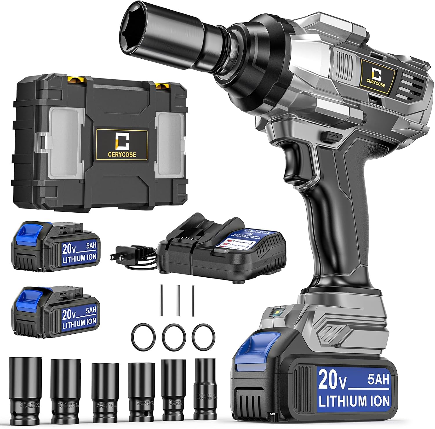 Cordless Impact Wrench Compatible with Dewalt Battery, 900FT-LBS Brushless Electric Impact Gun Includes LED Work Light, 2100RPM High Torque Impact Driver, with 2 * 5AH battery 3A 60W Fast Charger