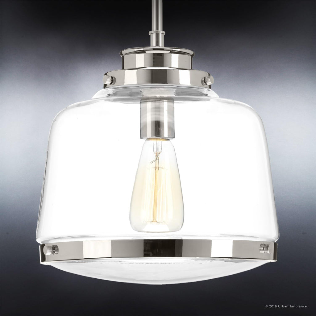 Urban Ambiance Luxury Industrial Chic Pendant Light, Small Size: 11' H x 11' W, with Art Deco Style Elements, Polished Nickel Finish and Clear Shade, UHP2534, Nottingham Collection