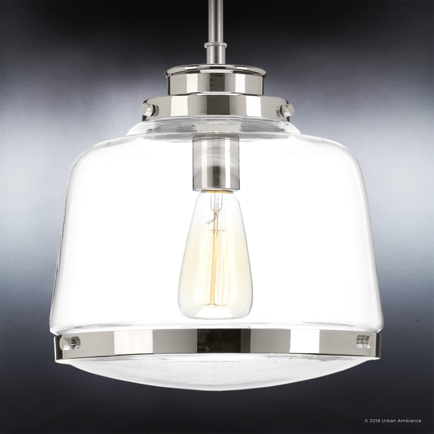 Urban Ambiance Luxury Industrial Chic Pendant Light, Small Size: 11' H x 11' W, with Art Deco Style Elements, Polished Nickel Finish and Clear Shade, UHP2534, Nottingham Collection
