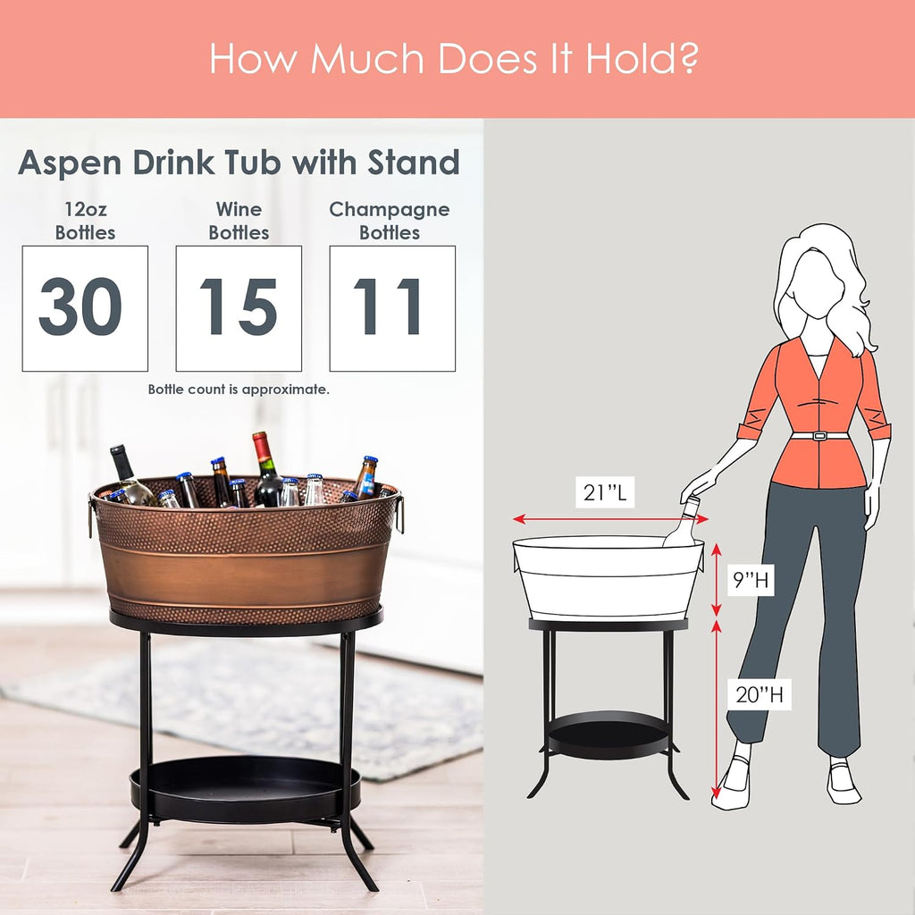 BREKX Aspen Metal Beverage Tub with Stand, 6 Gallon Galvanized Tub with Durable Copper Finish, Ice Tub Cooler Stand, Drink Cooler for Parties - Copper Anniversary