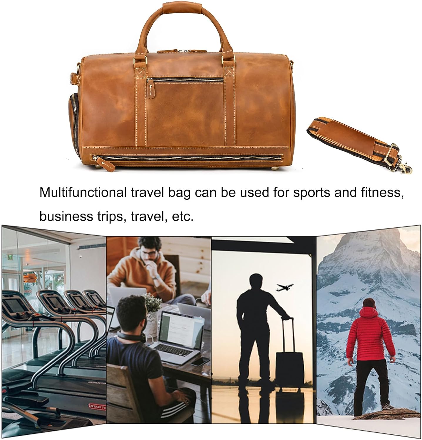 LUUFAN Full-grain Leather Travel Bag Large Capacity Duffel Luggage Bag with Shoe Compartment, Men Weekend Overnight Bag for Business Holiday Trip, Light Brown