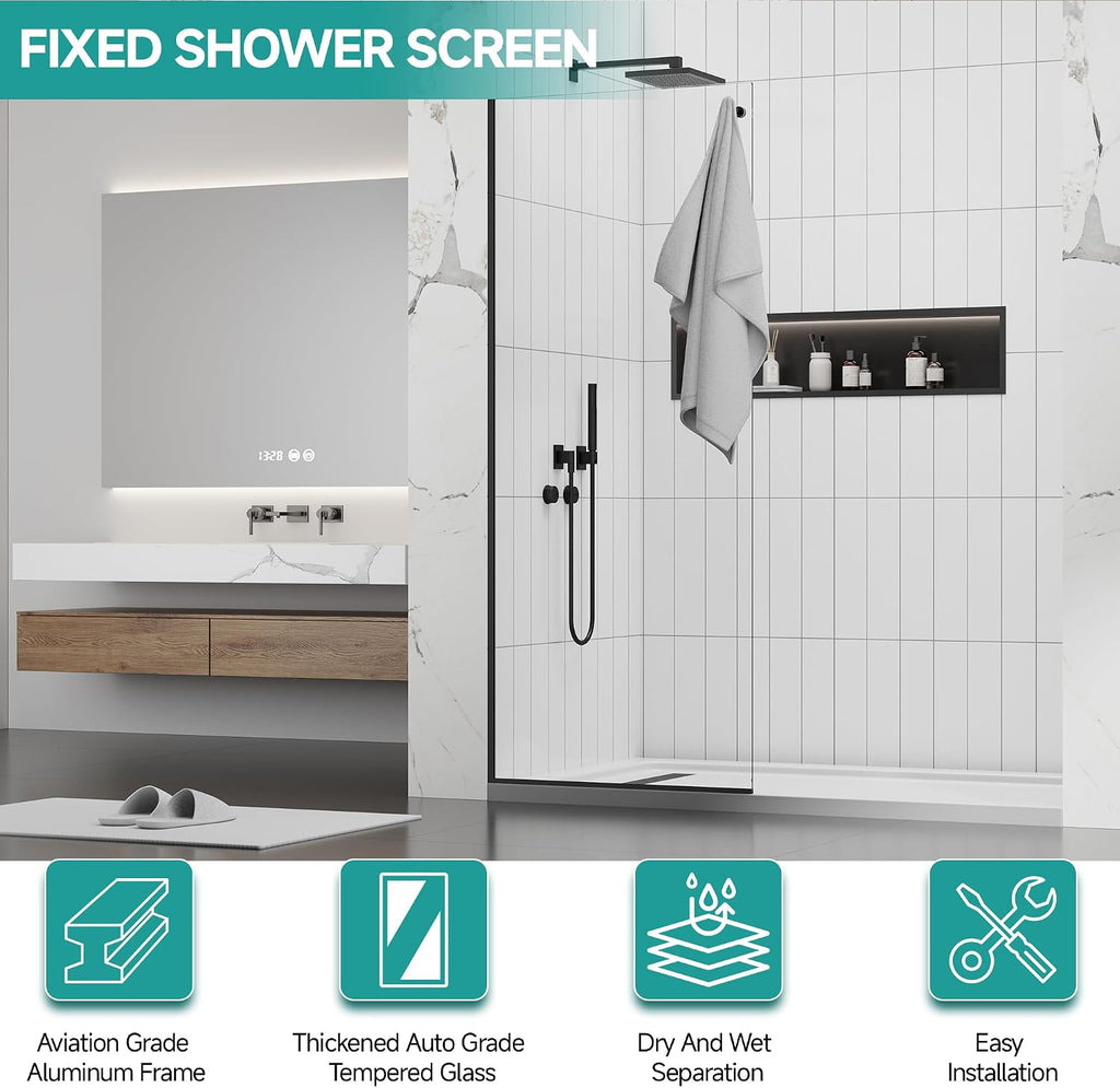 36' W x 76' H Frameless Shower Glass Panel, 3/8' w/Coat Hook, Matte Black | Fixed Shower Screen;Coat Hook;SGCC Tempered Glass;Easy Clean Coating;Aluminum