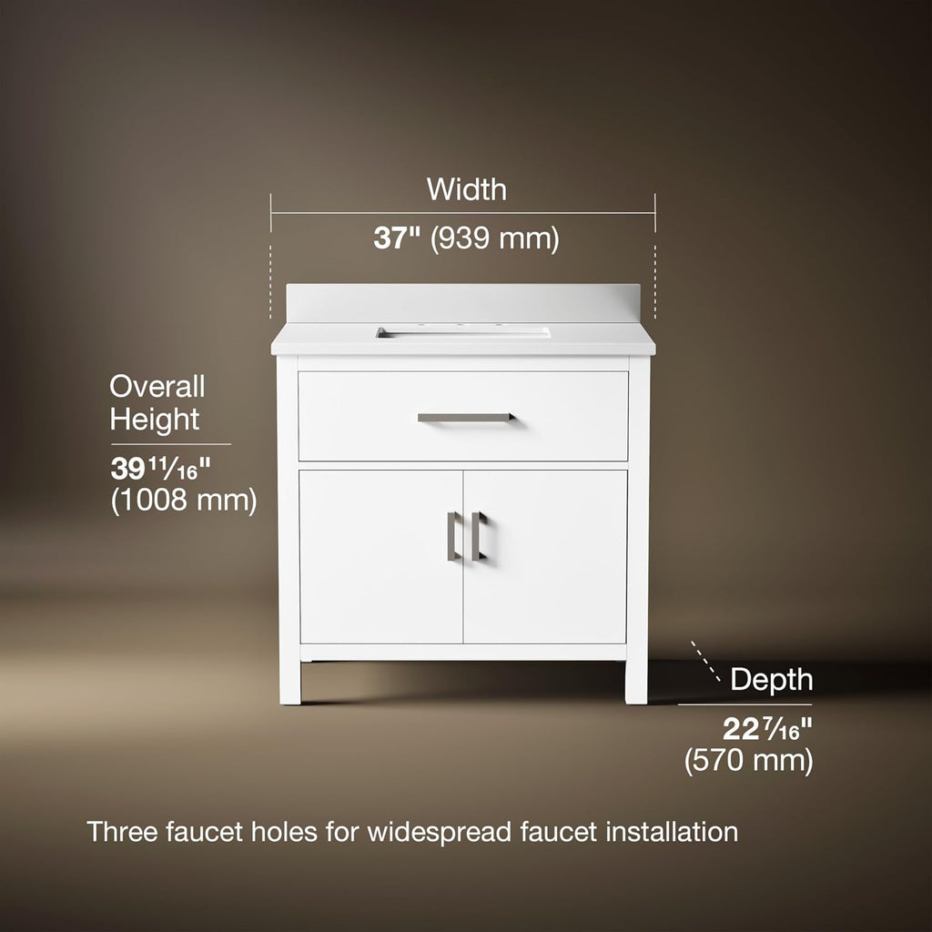 Kohler Kresla 36 Inch Bathroom Vanity Cabinet with White Single Sink and Quartz Top, Modern Bathroom Storage, White