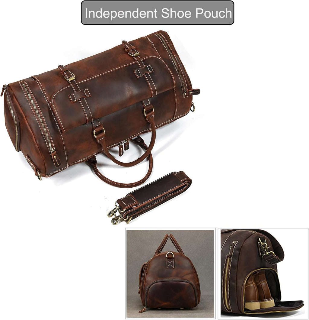 LUUFAN Full-grain Genuine Leather Travel Bag Large Capacity Duffel Luggage Bag with Shoe Compartment, Men Women Shoulder Bag for Weekend Holiday Business Trip, 58cm