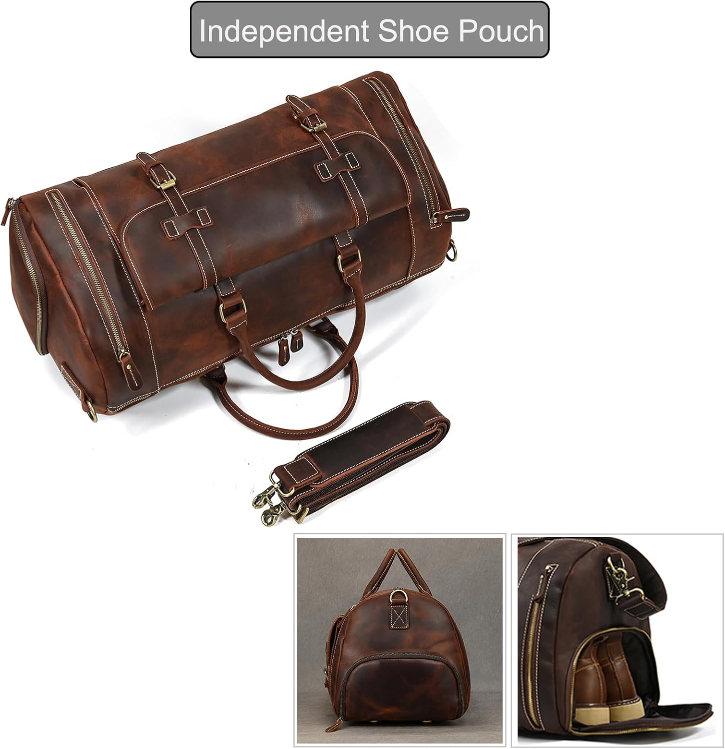 LUUFAN Full-grain Genuine Leather Travel Bag Large Capacity Duffel Luggage Bag with Shoe Compartment, Men Women Shoulder Bag for Weekend Holiday Business Trip, 58cm