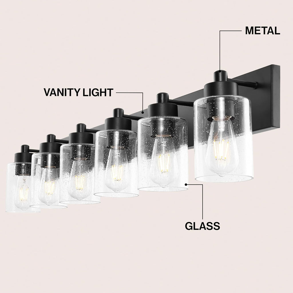 JONATHAN Y 40' Black/Clear 6-Light Modern LED Vanity Light for Bathroom Mirror, Mid-Century Wall Sconce with Clear Seeded Glass Shades, Contemporary Iron Fixture, LED Bulbs (JYL7621B)