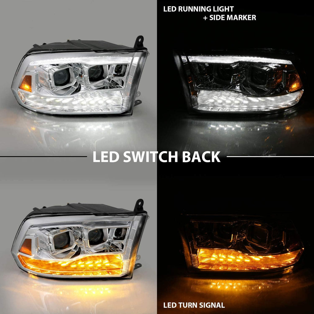 AmeriLite for 2009-2018 Dodge Ram Pickup [Quad/Projector Model] Dual Square Projector Switchback LED Tube Chrome Headlights Assembly Set - Passenger and Driver Side