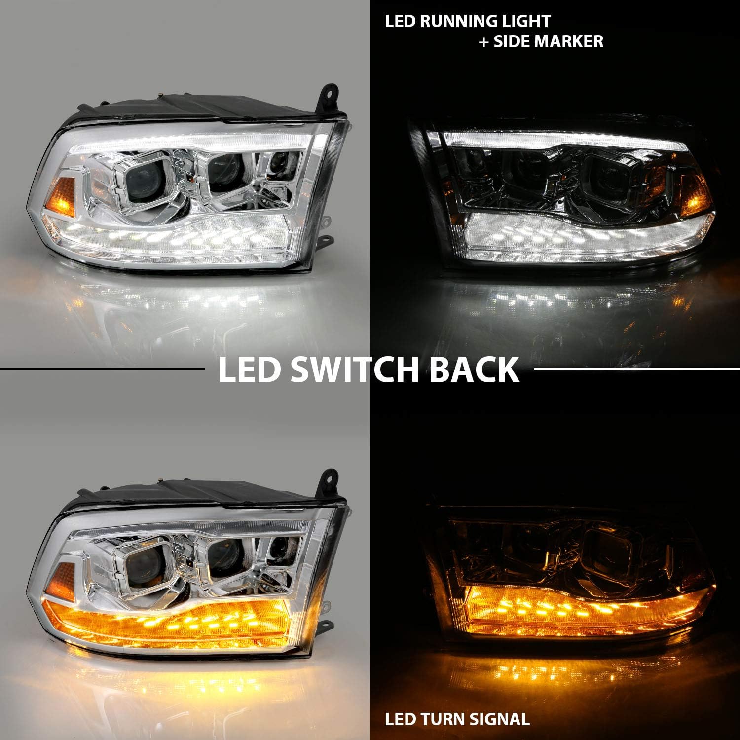 AmeriLite for 2009-2018 Dodge Ram Pickup [Quad/Projector Model] Dual Square Projector Switchback LED Tube Chrome Headlights Assembly Set - Passenger and Driver Side
