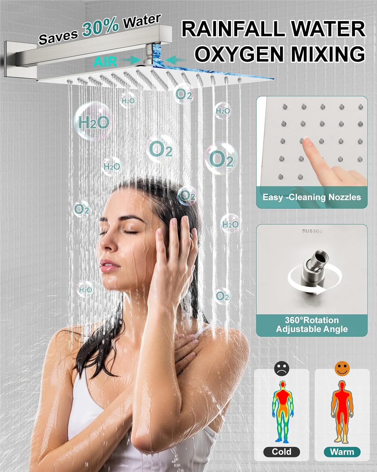 Shower Faucet Set Rainfall Shower System with Square Showerhead and Handle Set Fixture with 2 in 1 Function Handheld Sprayer Wall Mounted Trim Repair Kit Rough-in Valve 10 Inch Brushed Nickel