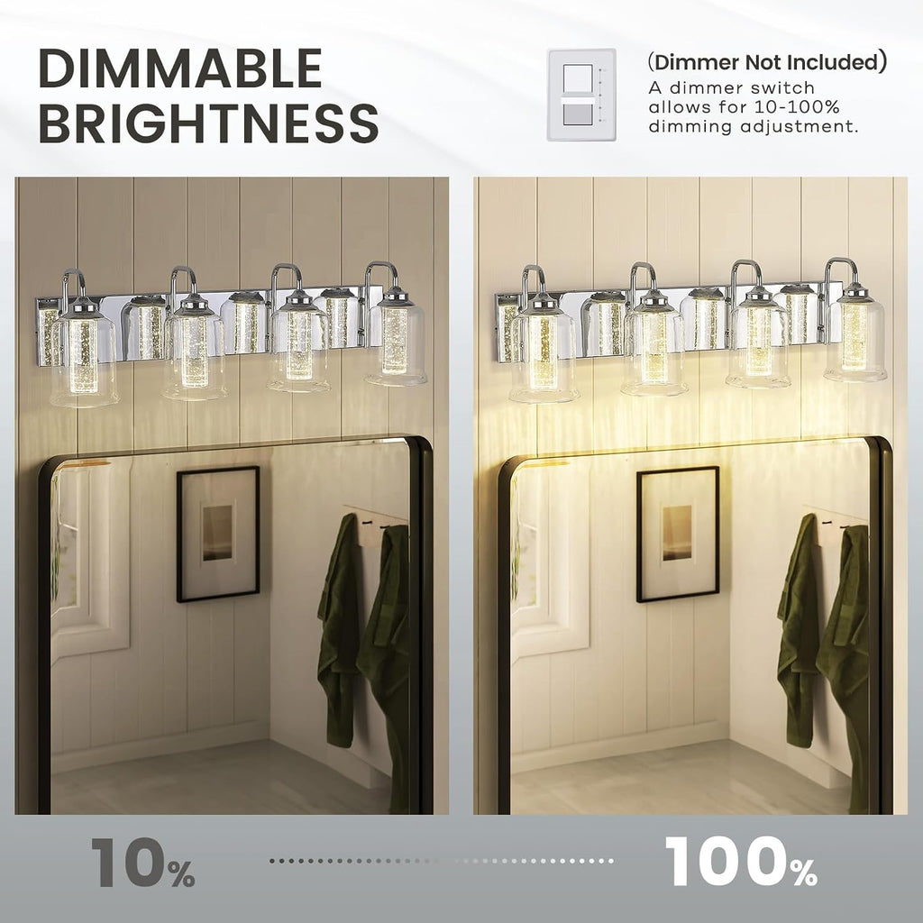zeyu 4-Light Dimmable Vanity Lighting Fixture, 20W LED Bathroom Vanity Light, Adjustable 3CCT 3000K/4000K/5000K, Chrome Finish with Crystal Bubble and Clear Glass, ZSL72B-4W LED CH-1