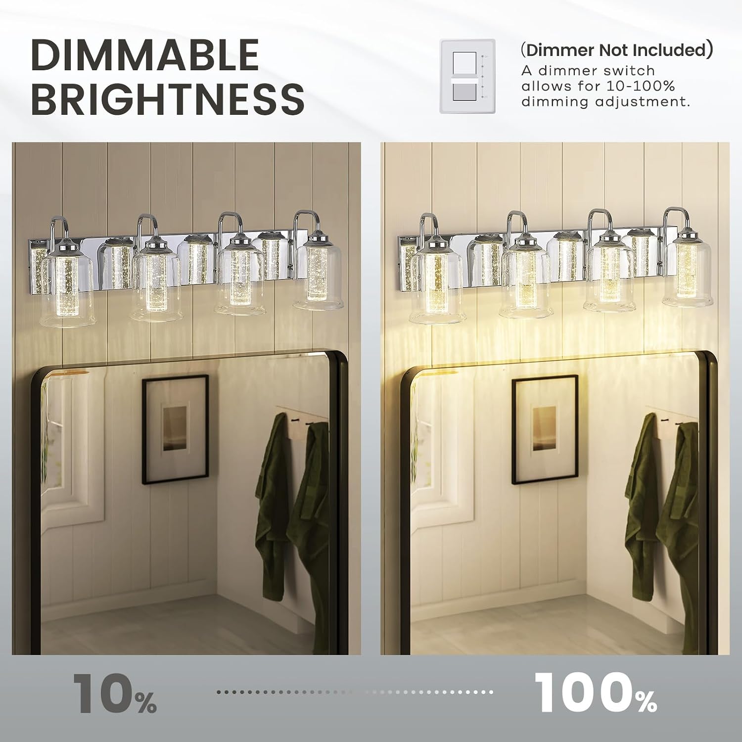 zeyu 4-Light Dimmable Vanity Lighting Fixture, 20W LED Bathroom Vanity Light, Adjustable 3CCT 3000K/4000K/5000K, Chrome Finish with Crystal Bubble and Clear Glass, ZSL72B-4W LED CH-1