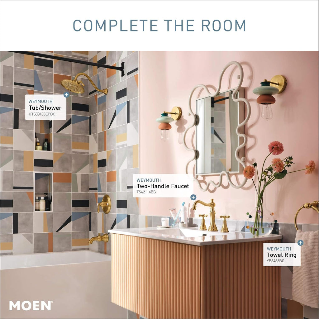 Moen Weymouth Brushed Gold Two-Handle Widespread Cross Handle Bathroom Faucet Trim Kit, Valve Included, TVS42114BG