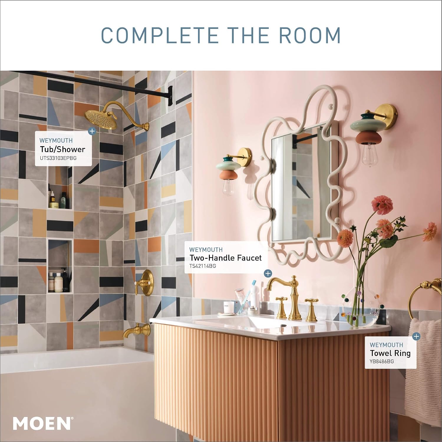 Moen Weymouth Brushed Gold Two-Handle Widespread Cross Handle Bathroom Faucet Trim Kit, Valve Included, TVS42114BG