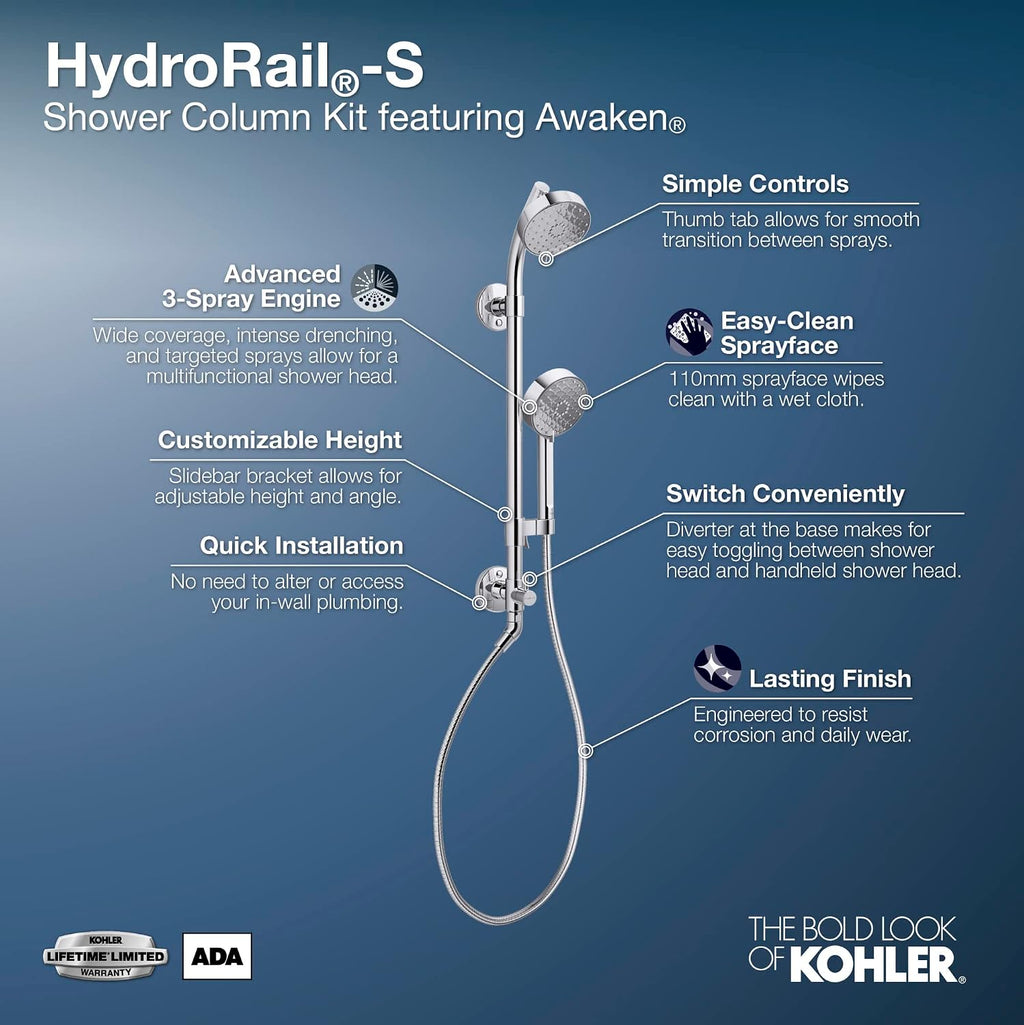 KOHLER 76471-Y-BL Awaken 1.75 GPM Retrofit Shower - Includes Shower Head, Hand Shower, Slide Bar and Hose, Matte Black