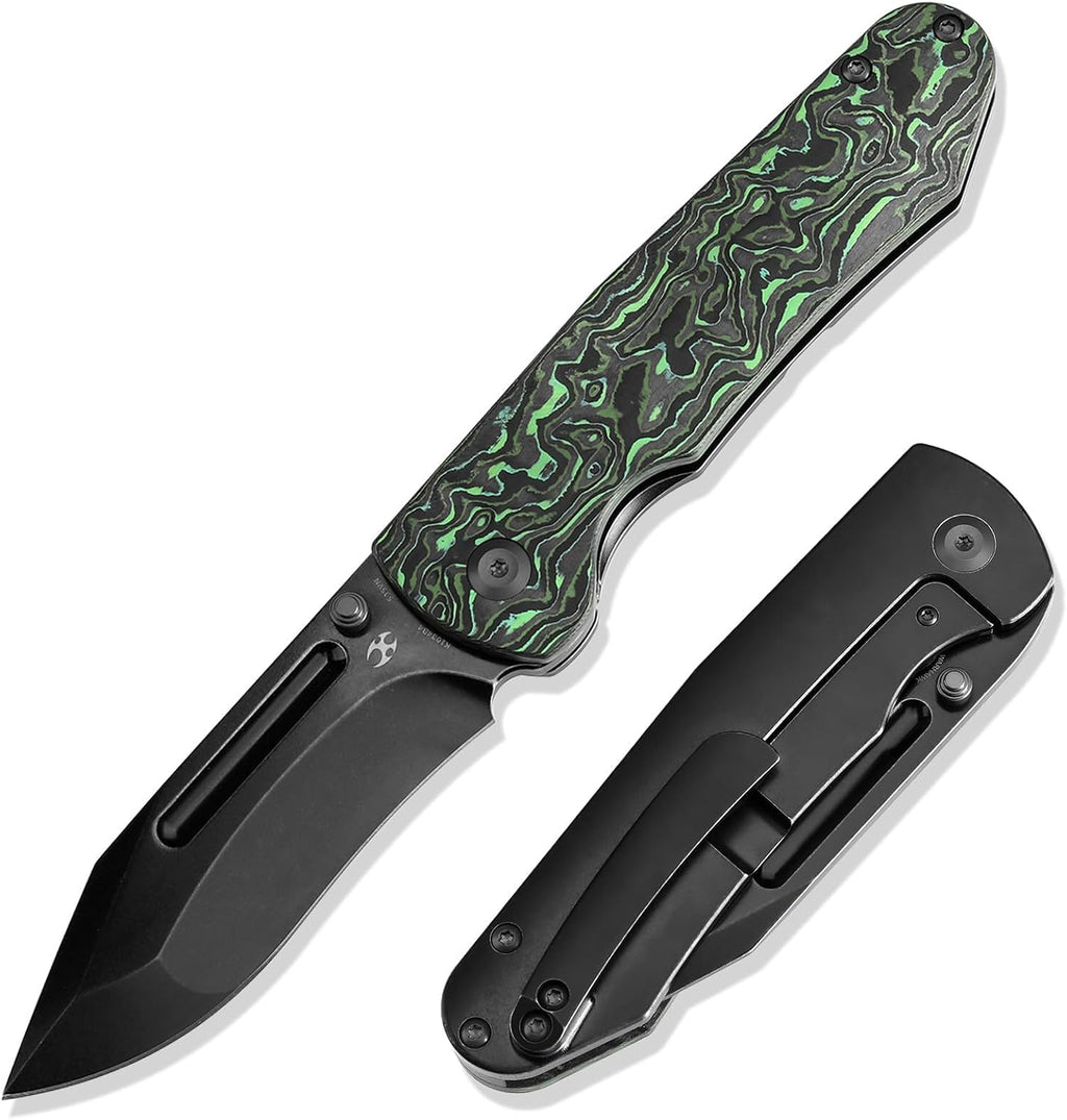 KANSEPT Superhawk Pocket Knives, 3.89''Blackwash CPM S35VN Steel Sharp Blade, Black Titanium with Green Carbon Fiber Handle, Thumb Stud for Edc and Outdoor, 9.03'' Camping Folding Hiking Knive K1084B4