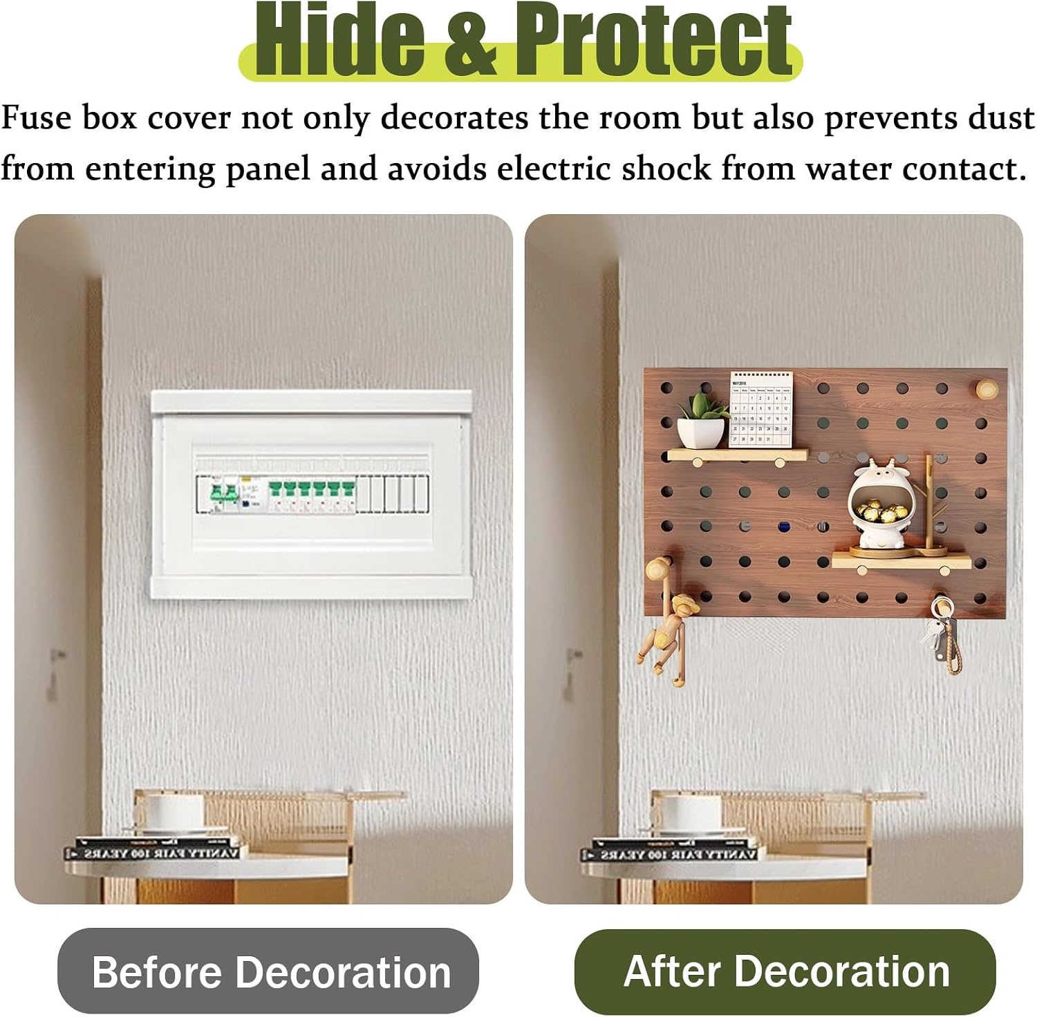 Electrical Panel Cover Electric Panel Cover with Shelf & Hook, Multifunctional Circuit Breaker Box Cover Decorative, Distribution Box Lid for Entrance Corridor(Brown,40 x 50 cm (15 3/4' x 19 3/4'))