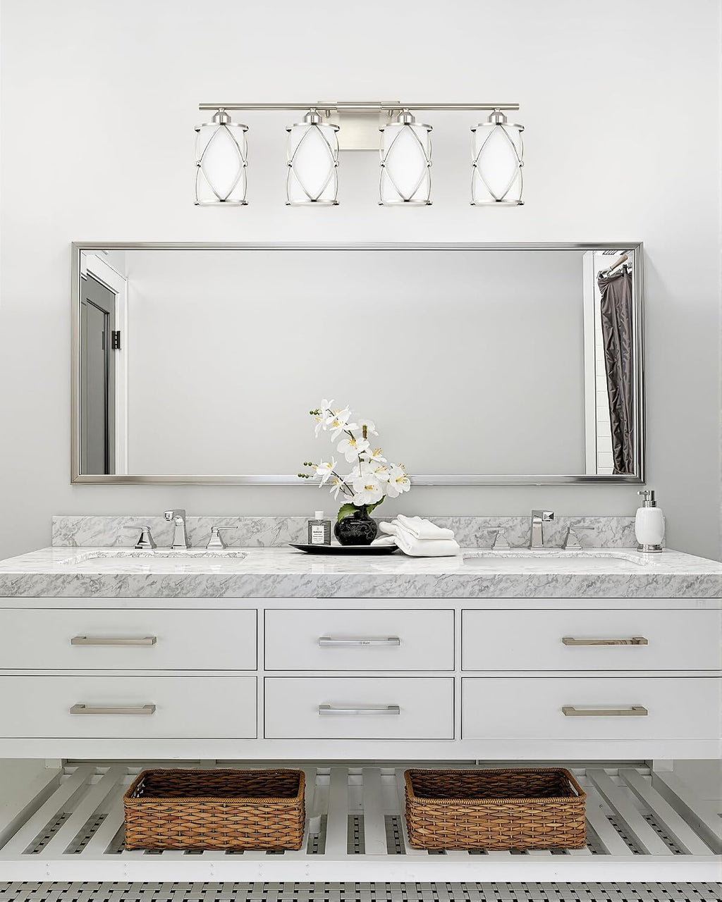 4-Light Brushed Nickel Bathroom Light Fixtures with Milk Frosted Glass, 29' Modern Bathroom Vanity Lighting Fixtures Over Mirror with Metal Cage, Wall Sconce Lights for Bath, E26, CH9176BNW-4W