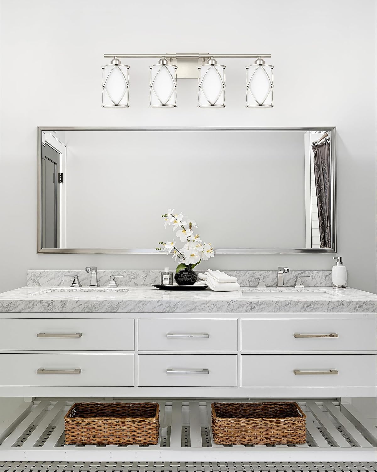 4-Light Brushed Nickel Bathroom Light Fixtures with Milk Frosted Glass, 29' Modern Bathroom Vanity Lighting Fixtures Over Mirror with Metal Cage, Wall Sconce Lights for Bath, E26, CH9176BNW-4W