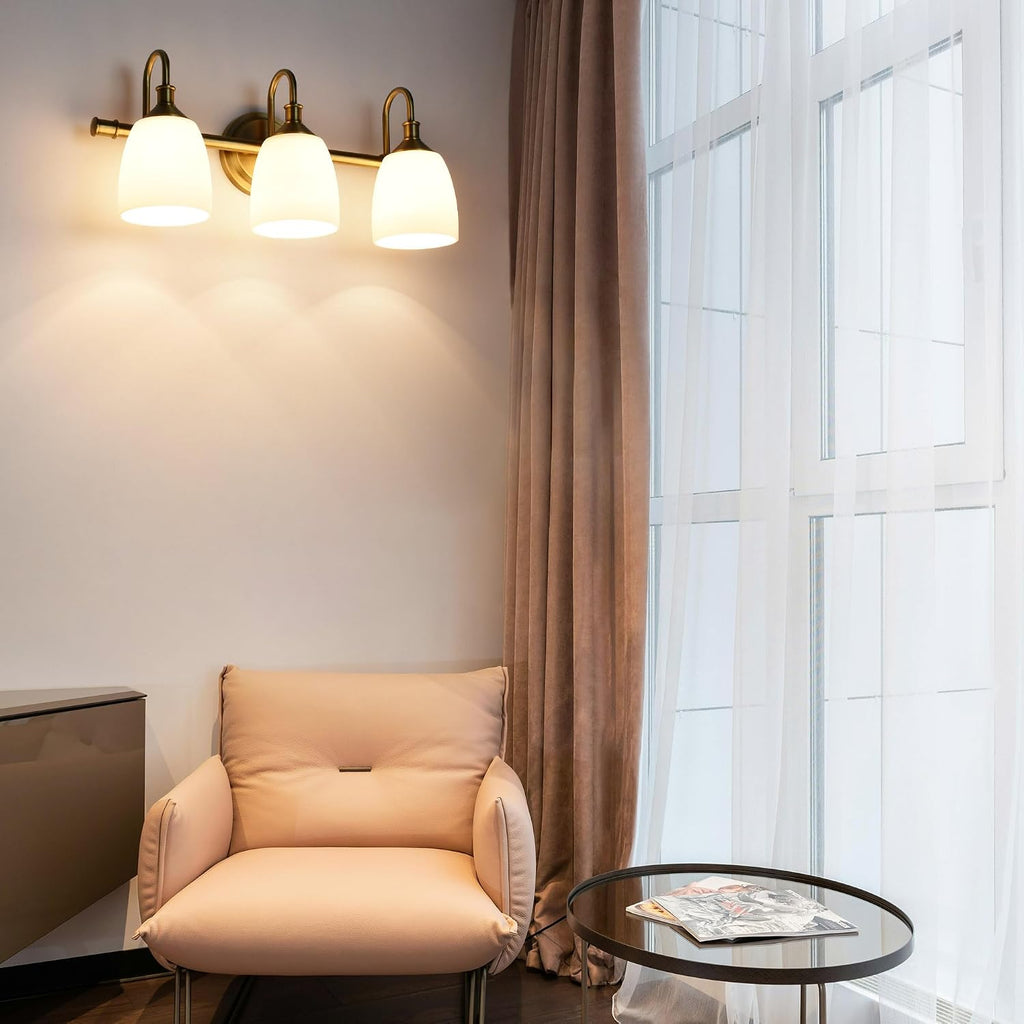 3-Light Champagne Bronze Bathroom Vanity Light Fixtures Over Mirror, Vintage Vanity Lights for Living Room, Milk White Glass Shades, Standard E26 Base