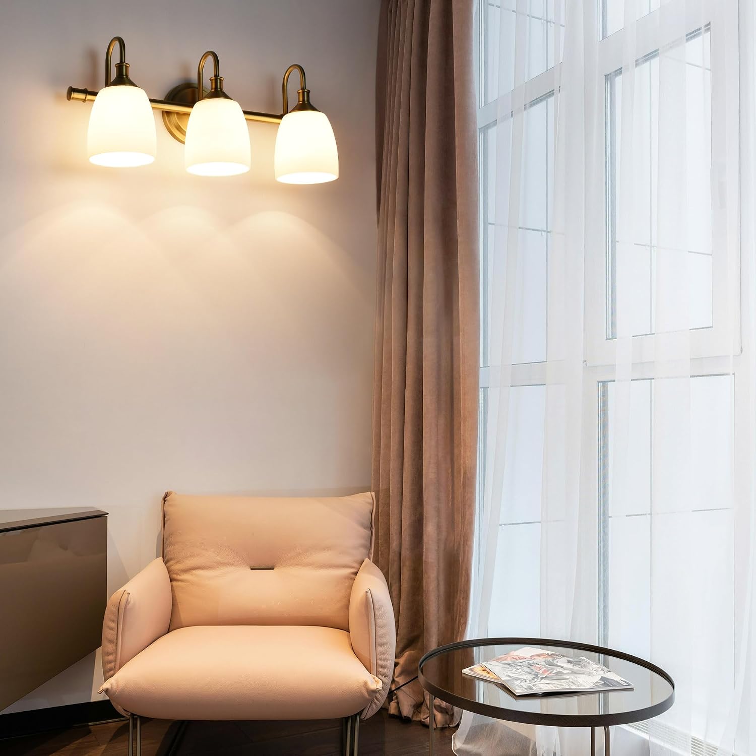 3-Light Champagne Bronze Bathroom Vanity Light Fixtures Over Mirror, Vintage Vanity Lights for Living Room, Milk White Glass Shades, Standard E26 Base