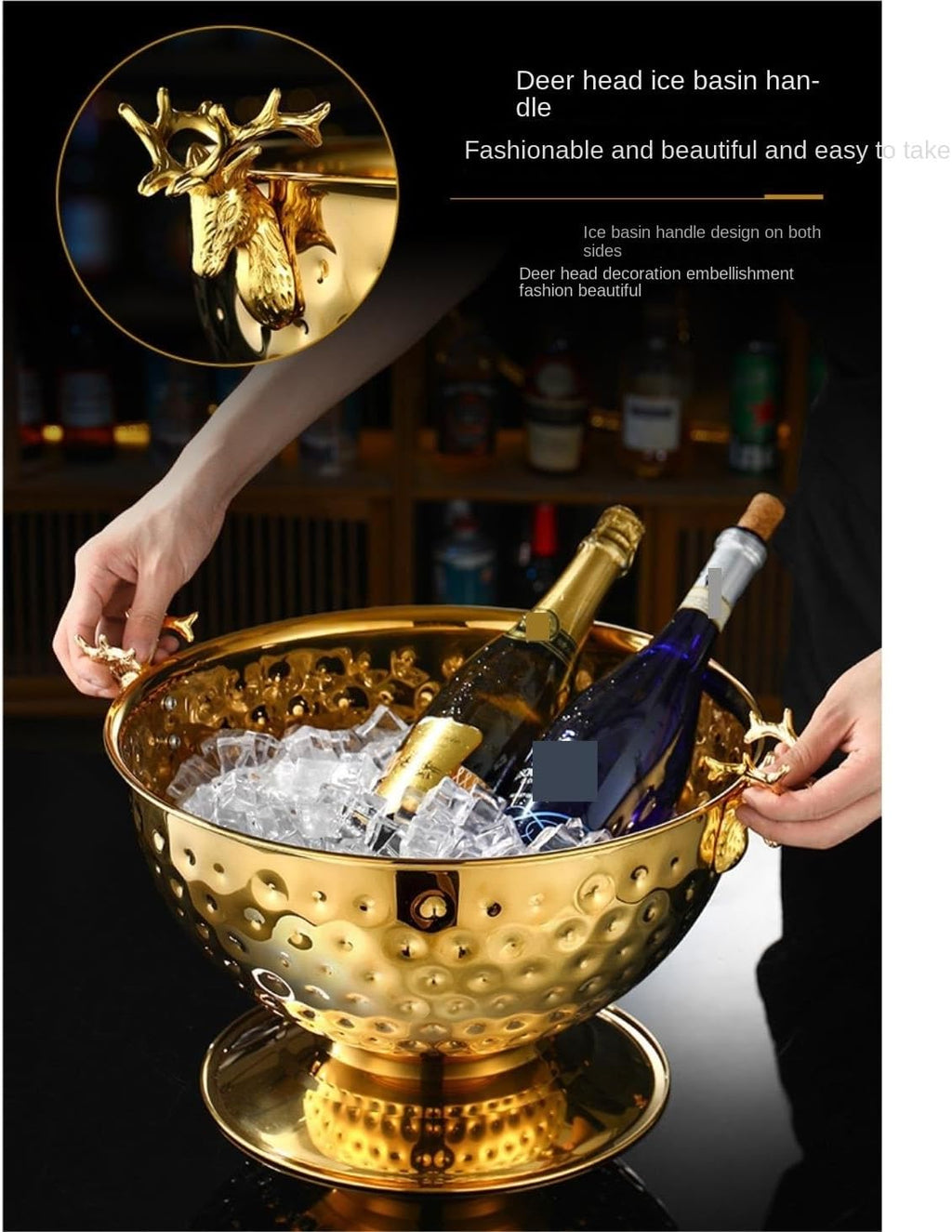 Ice Bucket Deer Head Stainless Steel Ice Bucket Champagne Basin Decorative Pail for Parties(Gold)