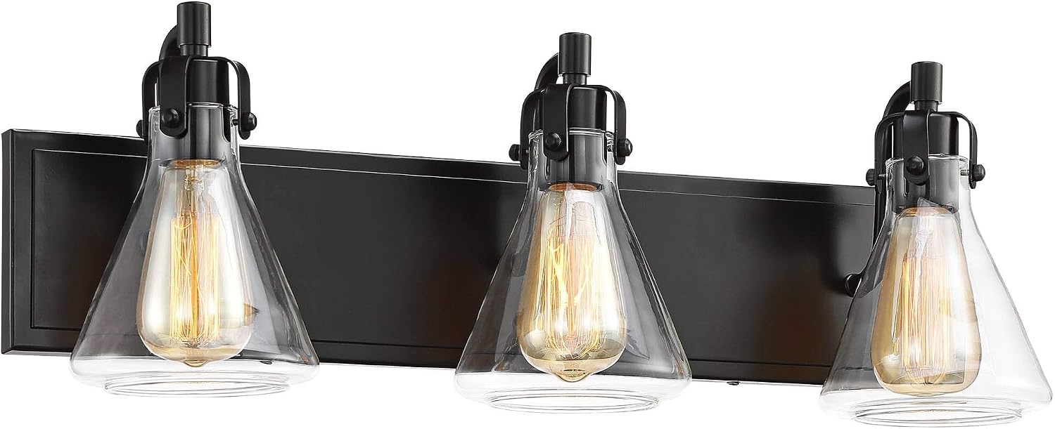 Possini Euro Design Cindy Farmhouse Industrial Rustic Wall Light Bronze Brown Metal Hardwired 24' Wide 3-Light Fixture Mounted Clear Glass Shade Bathroom Vanity Mirror House Home Hallway Room Decor