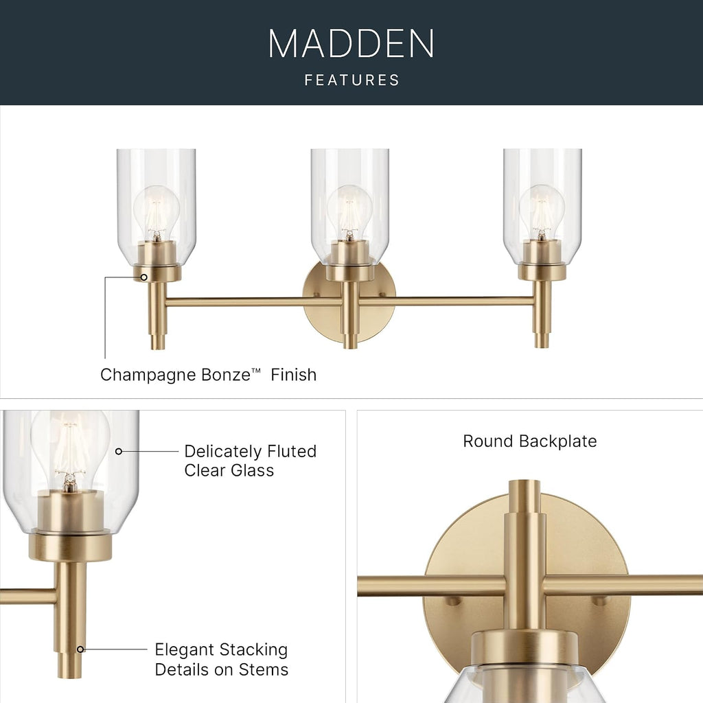 Kichler Madden 3-Light Bathroom Vanity Light Fixture with Clear Glass in Champagne Bronze, Modern Wall Mount Lighting for Single Vanity Mirror (10.5' x 24'), 55185CPZ