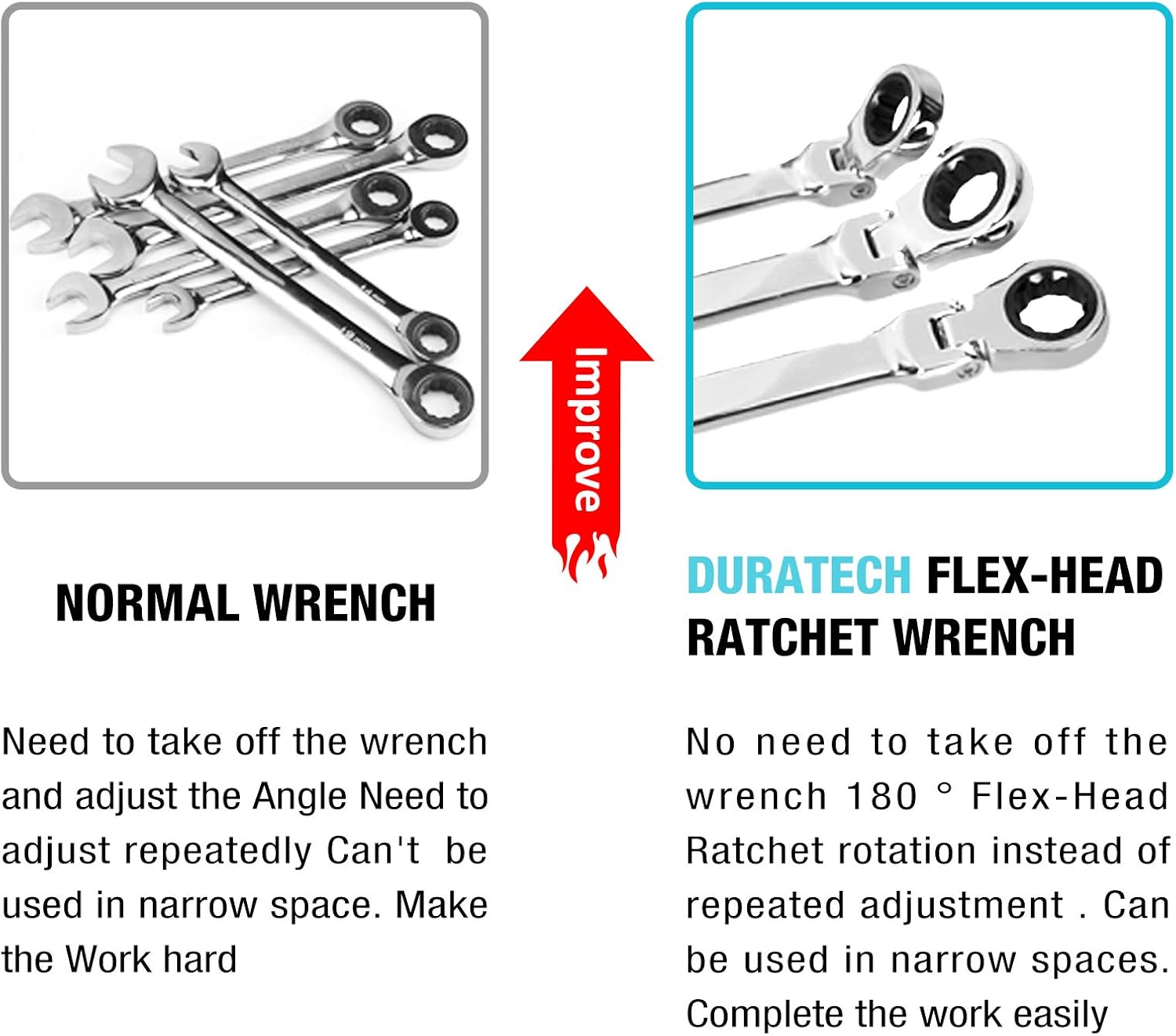 DURATECH 11-Piece Extra Long Flex-Head Ratcheting Wrench Set, Metric&SAE