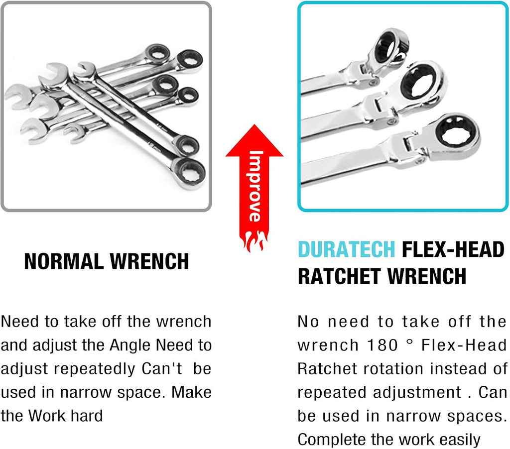 DURATECH 14-Piece Extra Long Ratcheting Wrench Set, SAE&Metric, CR-V Steel, with EVA Foam Tool Organizer