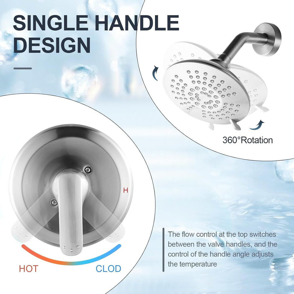 Shower Faucet with Valve, Brushed Nickel Bathroom Tub Shower Faucet Kit, Single Handle Rain Shower Head with Tub Spout, Solid Brass Shower Tub Faucet Set Complete, Bathtub Faucet with Shower