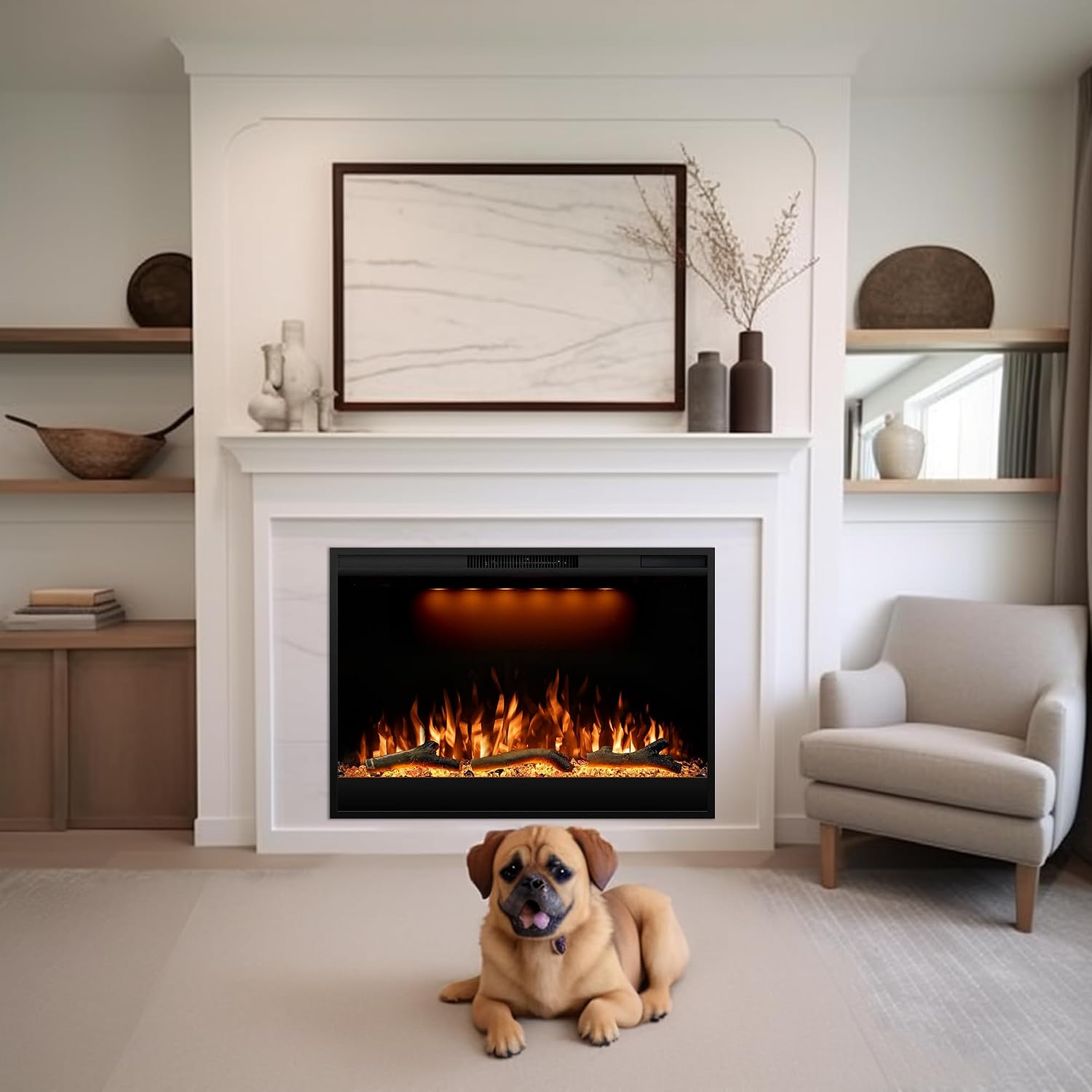 Electric Fireplace Inserts 36inches Wide, Recessed in Wall Fireplace Heater w/Remote Control, 3 Colors Led Top Light& Realistic Flame w/ 5 Brightness, Thermostat, 750W/1500W, Black