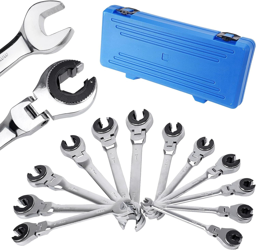 AUTOBABA 8-19mm Metric Open Flex-Head Ratcheting Wrench Set (12pcs/set), Quick Double Ended Open 72 Teeth Tubing Ratchet Kits With Box Packing