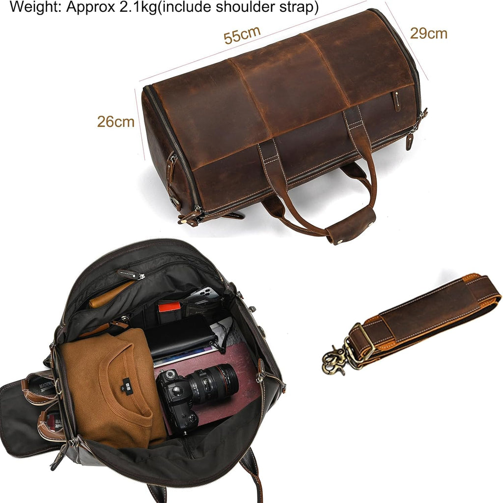 LUUFAN Full-grain Leather Garment Bag Large Capacity Travel Bag Business Suit Carrier Bag with Shoe Compartment, Overnight Gym Sports Duffel Bags for Men Women, Coffee