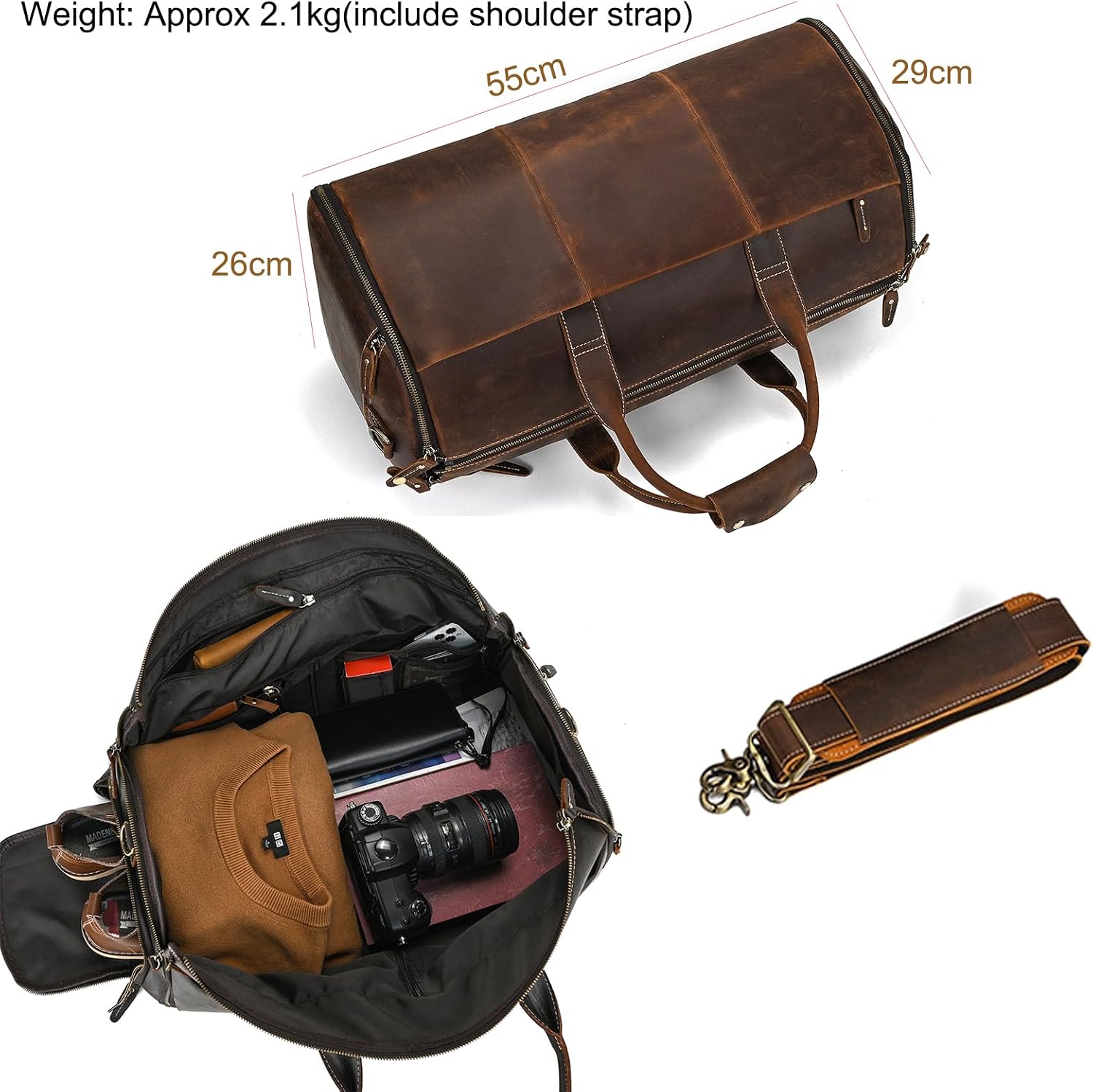 LUUFAN Full-grain Leather Garment Bag Large Capacity Travel Bag Business Suit Carrier Bag with Shoe Compartment, Overnight Gym Sports Duffel Bags for Men Women, Coffee