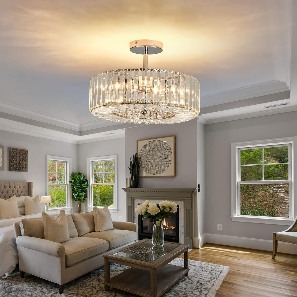 Piepooye 4 Lights Modern Crystal Chandelier Chrome Round Semi Flush Mount Ceiling Light Fixture Farmhouse Chandelier for Dinning Room Living Room Bedroom Hallway Entryway Kitchen