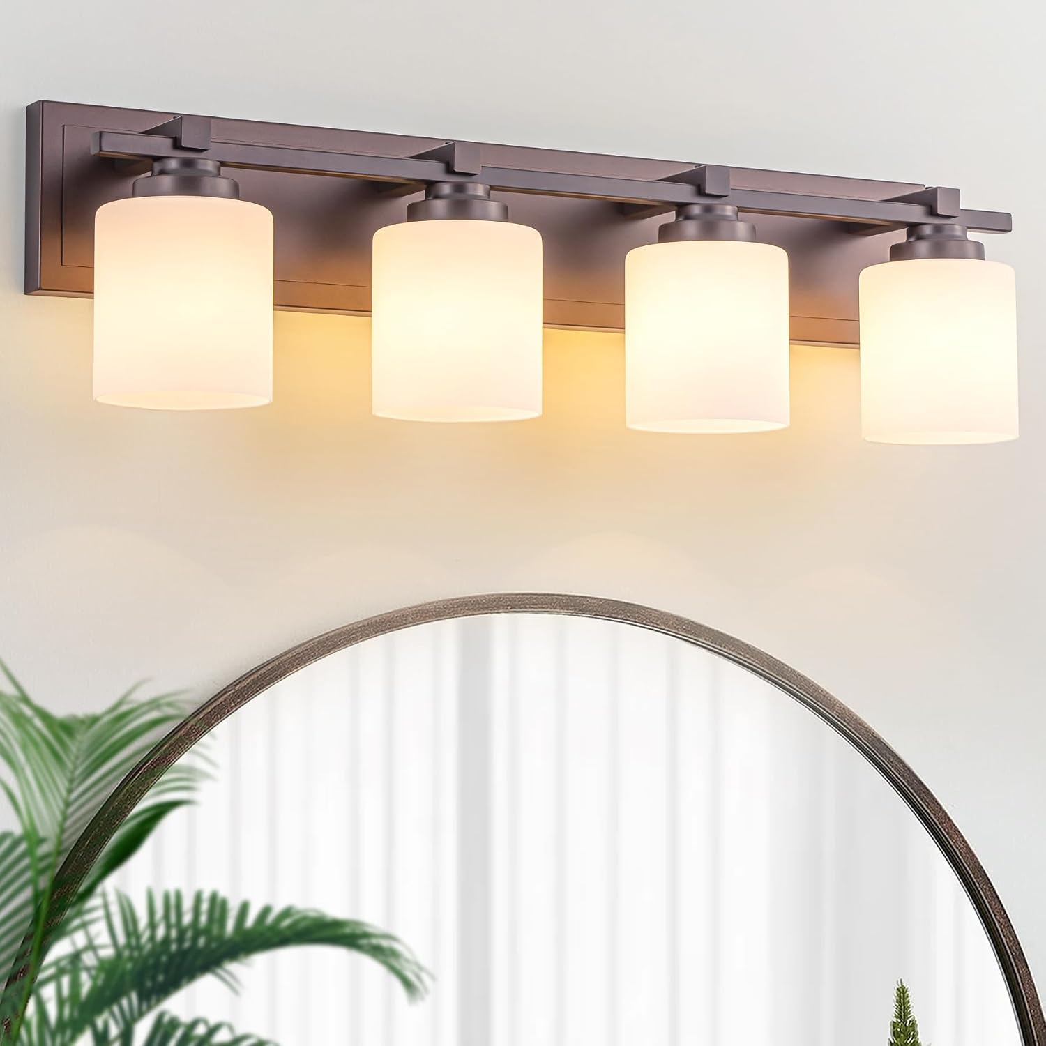 Modern Bathroom Light Fixtures Over Mirror, Vanity Lights for Bathroom Wall Sconces with Milky White Glass Shades, E26 Socket (Bulbs Not Included), 4 Light, Oil Rubbed Bronze