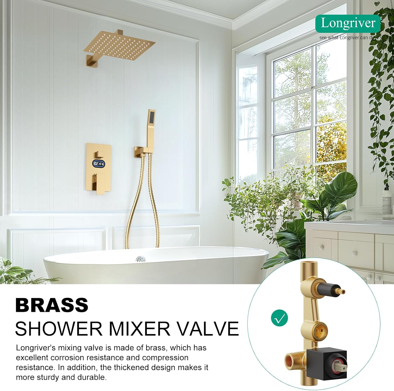 Shower Faucet Set with Hydro Power Temperature Display, Shower System Bathroom 12 Inches Shower Head with Handheld Spray, Wall Mounted Shower Fixtures with Shower Valve and Trim Kit, Brushed Gold
