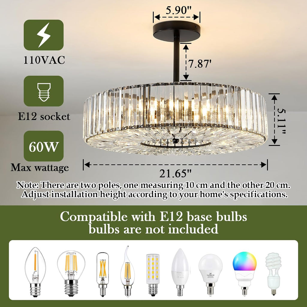 Piepooye 8 Lights Modern Large Crystal Chandelier Black Round Semi Flush Mount Ceiling Light Fixture Farmhouse Chandelier for Dinning Room Living Room Bedroom Hallway Entryway Kitchen