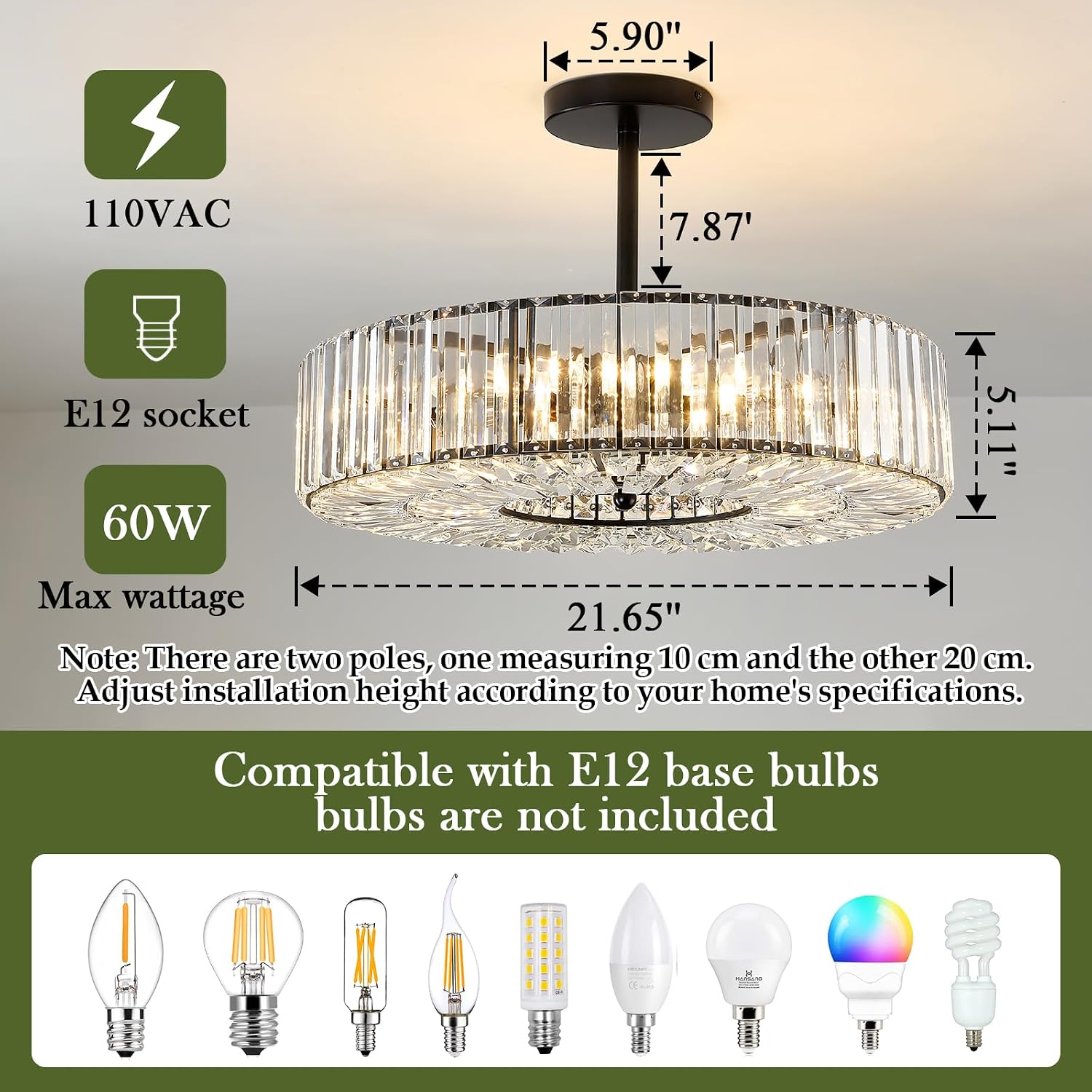Piepooye 8 Lights Modern Large Crystal Chandelier Black Round Semi Flush Mount Ceiling Light Fixture Farmhouse Chandelier for Dinning Room Living Room Bedroom Hallway Entryway Kitchen
