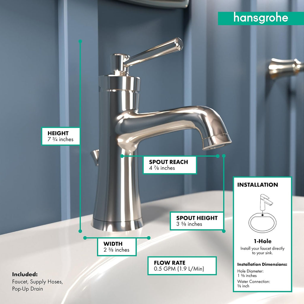 hansgrohe 4773830 Joleena 0.5 GPM Single-Hole Faucet with Pop-Up Drain, 7.75-Inches Tall, Polished Nickel